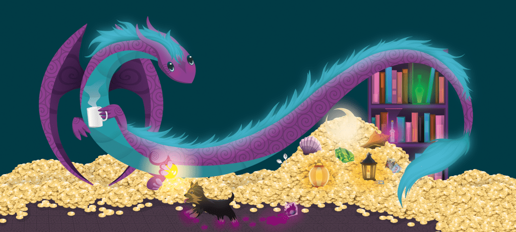 Purple and teal wyvern dragon holding mug with bookcase, gold coins, tarot cards, lanterns, shells in background and dog running through spilled ink